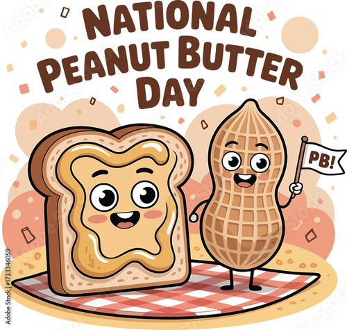 National Peanut Butter Day cartoon toast and peanut character with flag vector illustration