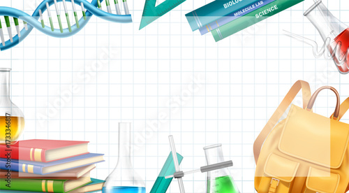 3d realistic vector illustration. Science and biology school study background. Educational banner with lab equipment, books.