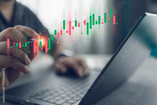 Planning and strategy, Stock market, trader or investor working at home. Technical price graph and indicator, candlestick chart and stock trading