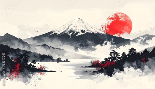 Serene watercolor landscape depicting a snow-capped mountain under a vibrant red sun