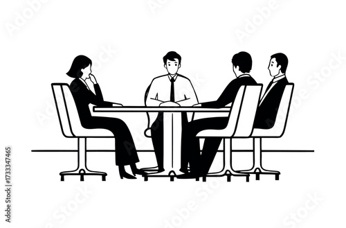 Business Meeting and Team Collaboration Line Art. Black and White Vector Illustration of Professionals Seated Around a Conference Table for Discussion and Strategy