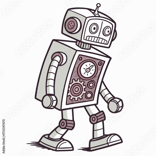 A charming hand drawn cartoon robot with a square body round eyes and visible gears on its chest depicted in a simple playful illustration style