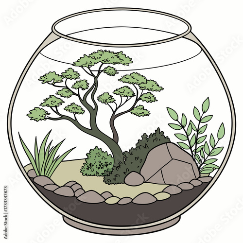 A charming hand drawn illustration of a miniature terrarium ecosystem featuring a stylized bonsai tree lush greenery moss rocks and soil contained within a clear glass bowl