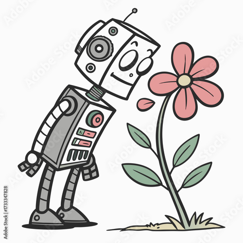 A cute cartoon robot with a friendly face bends down to smell a beautiful pink flower in a field of grass on a white background
