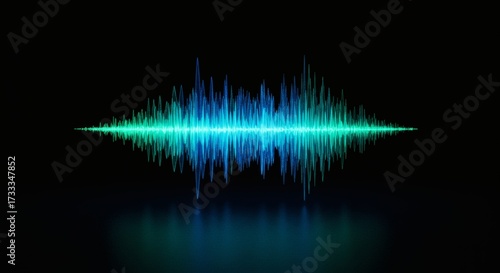 Vibrant blue and green digital audio sound wave visualization.