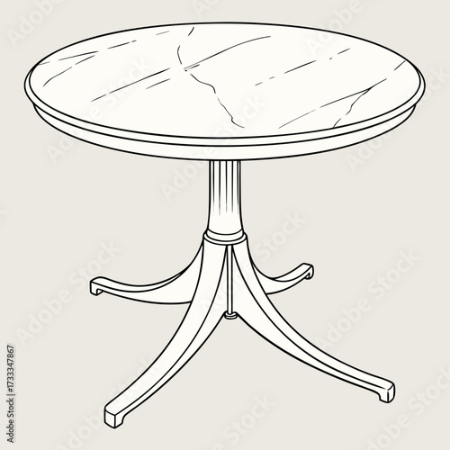 A detailed line drawing of a round pedestal table with a marble top and a fluted column base supported by four splayed legs on a neutral background