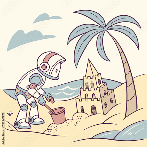A friendly cartoon robot is happily building a sandcastle on a tropical beach next to a palm tree with the ocean in the background