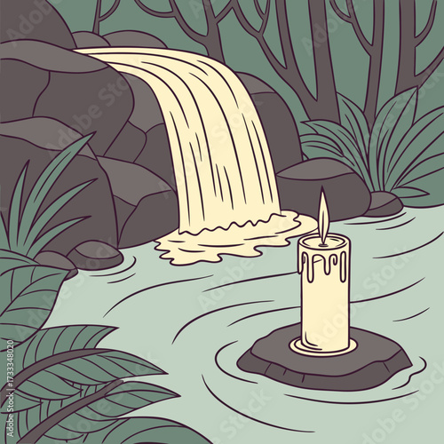 A lit candle stands on a rock in a serene forest stream with a gentle waterfall cascading over mossy rocks and lush green foliage surrounding the tranquil natural scene