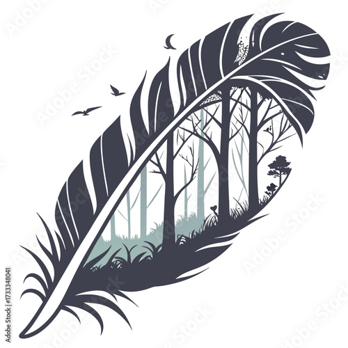 A majestic dark feather silhouette encloses a serene forest landscape with bare trees birds and a crescent moon in the sky