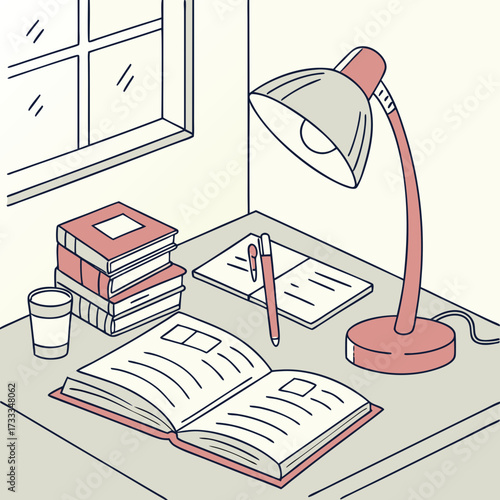 A minimalist line art illustration of a desk with an open book a stack of books a pen a small glass and a desk lamp illuminated by natural light from a window