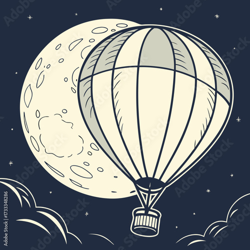 A vintage hot air balloon ascends through the night sky floating serenely past a large cratered moon and wispy clouds under a starry expanse