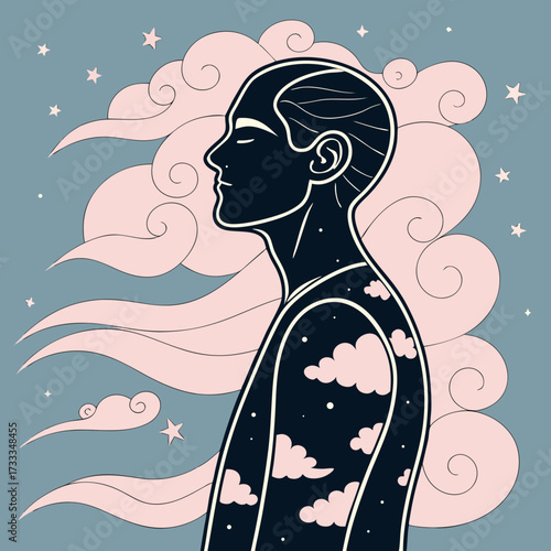 Profile of a person in silhouette with a celestial night sky inside their body surrounded by soft pink clouds and stars representing dreams and imagination