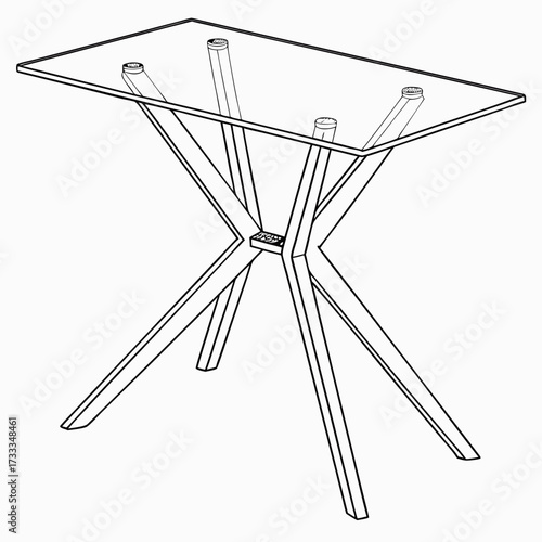 Modern glass top dining table with a unique x shaped metal base presented as a clean line art illustration on a white background