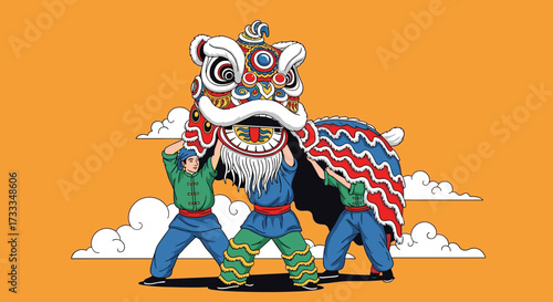 Vibrant traditional lion dance performance bringing festive joy and cultural celebration to life, featuring energetic performers in colorful costumes moving rhythmically