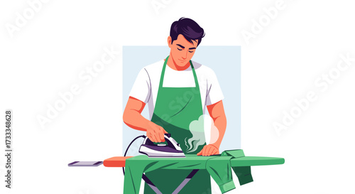 Man Ironing Shirts in a Bright Kitchen Environment, Illustration Style