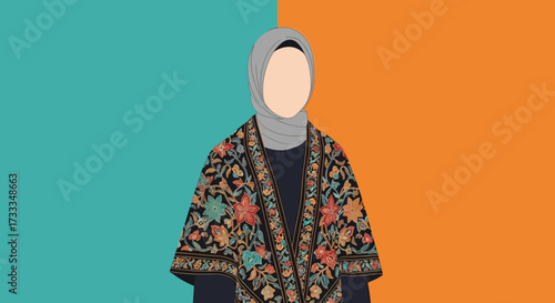Woman in Traditional Attire, Digital Art, Vibrant Colors, Contemporary Style, Illustrative Viewpoint