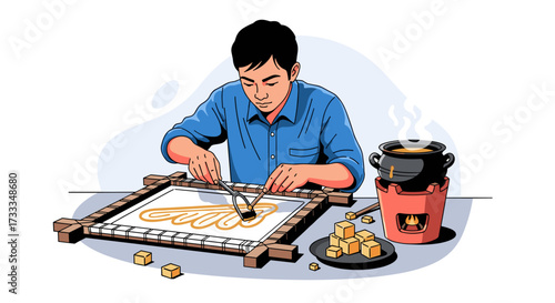 Artisan expertly crafts traditional Indonesian batik, applying intricate wax patterns onto fabric using a canting tool, embodying cultural heritage and textile artistry