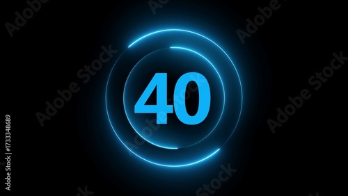 Blue neon circle countdown timer with number 40 on black background clock