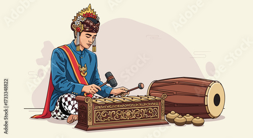 Traditional Gamelan Player A Cultural Indonesian Performance with Instruments and Intricate Detail