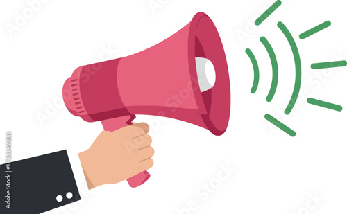 Hand Holding Megaphone – Announcement and Marketing Promotion Loudspeaker with Sound Waves, Public Message Alert for Advertising Social Media Campaign and App UI, Flat Vector Illustration