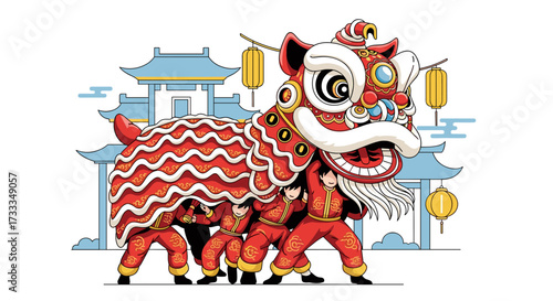 Lion Dance Performance, Cultural Festival, City Street, Illustration, Vibrant Atmosphere, Close-up View, Tradition