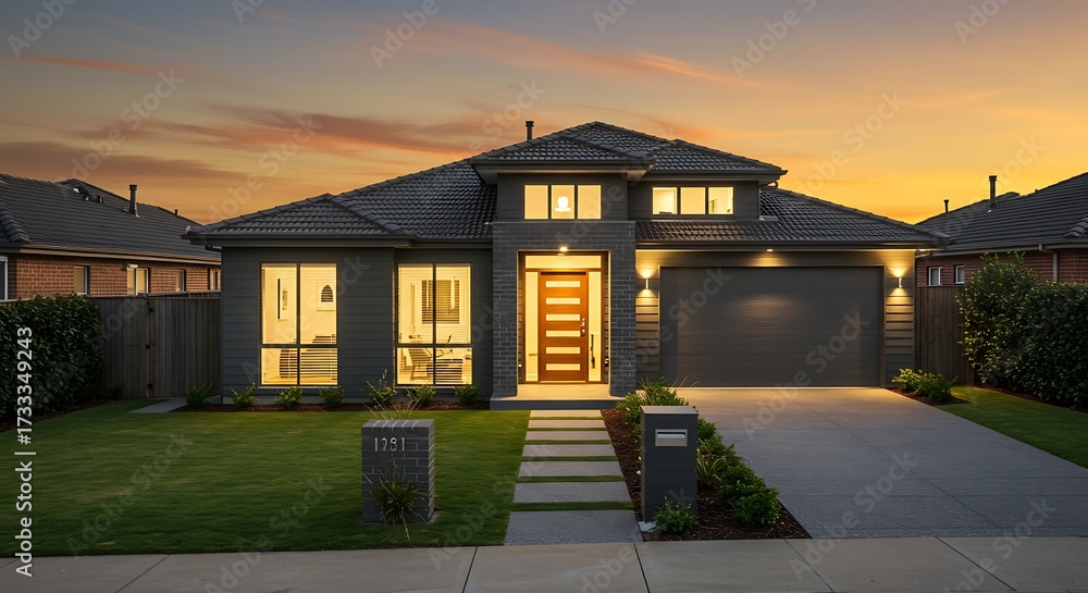 Obraz premium Modern residential house exterior view at sunset with illuminated lights