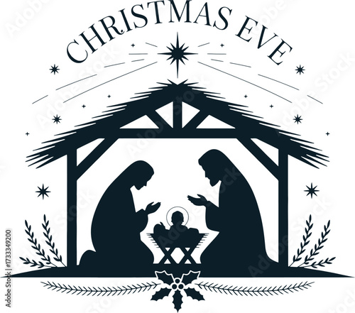 Nativity scene silhouette with Christmas Eve text and star of Bethlehem jesus