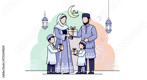 Eid Mubarak: Muslim Family Celebrating with Gifts