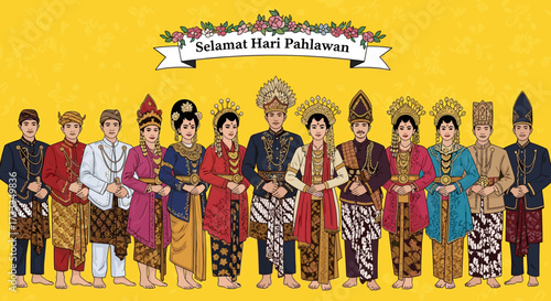 Selamat Hari Pahlawan : Cultural Celebration, Traditional Attire, Indonesia, Illustration, Vibrant Background, Front View, Heritage and Unity Theme