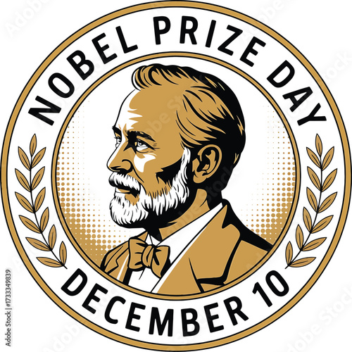Nobel Prize Day December 10th Emblem with Alfred Nobel Portrait vector illustration
