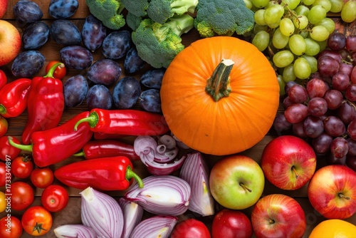 Overhead shot showcasing a vibrant assortment of fresh produce, including pumpkin, plums, broccoli, grapes, apples, peppers, and red onions on a wooden surface