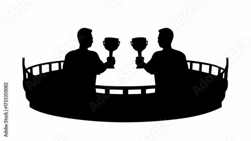 Two silhouetted men raising goblets in a toast celebrating victory or a momentous occasion aboard a ship deck