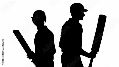 Dynamic silhouettes of two cricket players holding bats, ready for action and representing sportsmanship and competition.