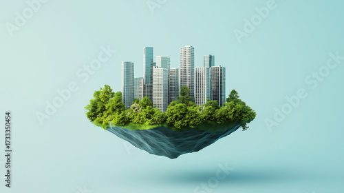 3D rendering of a city with modern buildings and green trees on a floating island, isolated over a light blue background.