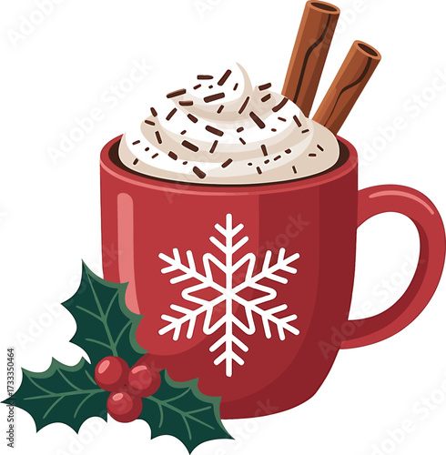 Red Mug with Snowflake Design Filled with Whipped Cream and Cinnamon Sticks chocolate sprinkles