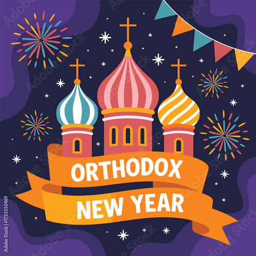 Orthodox New Year celebration with St Basil's Cathedral and fireworks vector illustration
