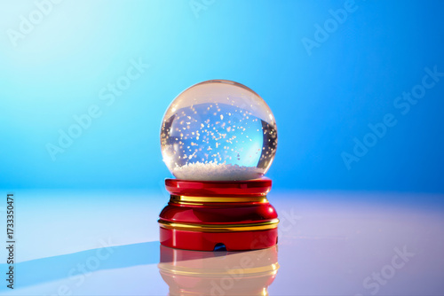 A captivating snow globe with a festive winter scene inside, resting on a red and gold base against a vibrant blue backdrop, creating a magical atmosphere