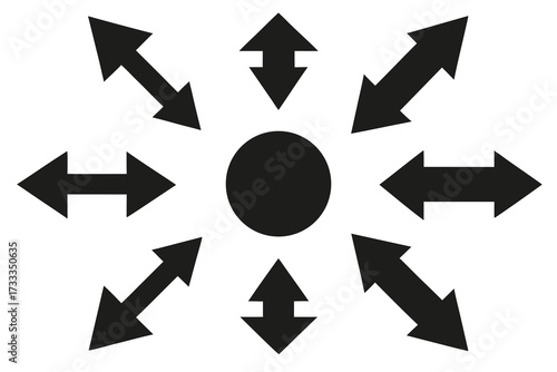 Black Arrows Radiating from Center Circle Directional Symbol on White Background Design