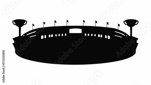 Iconic stadium silhouette with trophy towers and flags, symbolizing sports victory and grand events