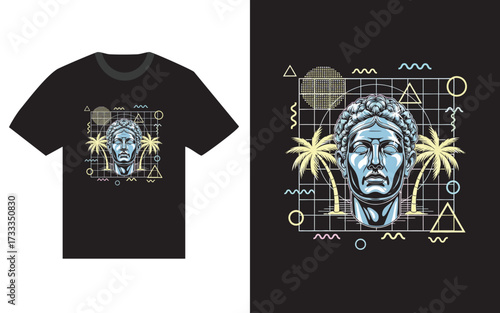 Vaporwave T-Shirt Design with Statue Palm Trees and Geometric Shapes