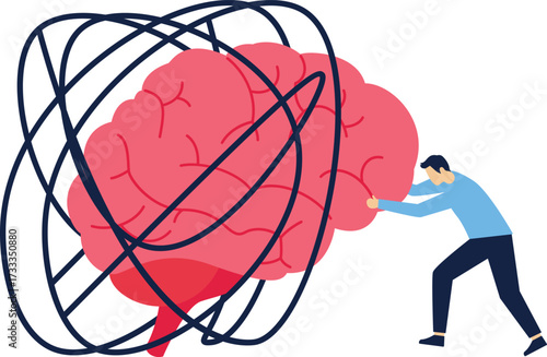 refresh the mind, eliminate complexity in the mind or brain, businessman removes the messy lines in the human brain to refresh the mind concept vector illustration

