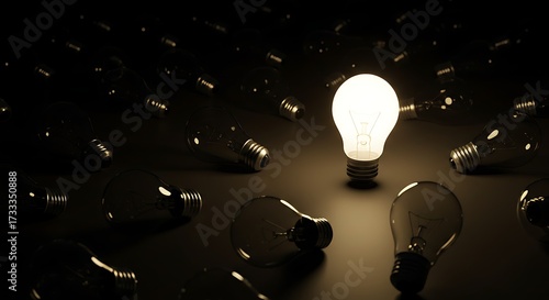Illuminated light bulb stands out from many unlit light bulbs