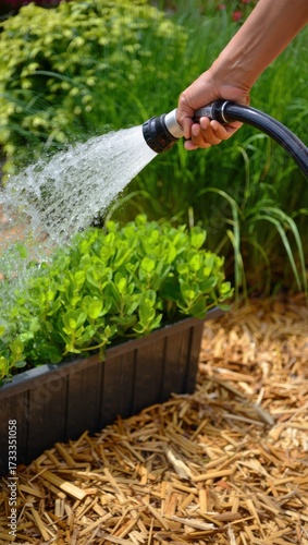 Watering a plant in a garden with a hose, showcasing plant care and gardening activities, promoting growth and maintaining a healthy outdoor space