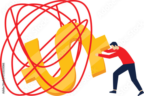 Businessman trying to untie the rope that is entangled with the dollar

