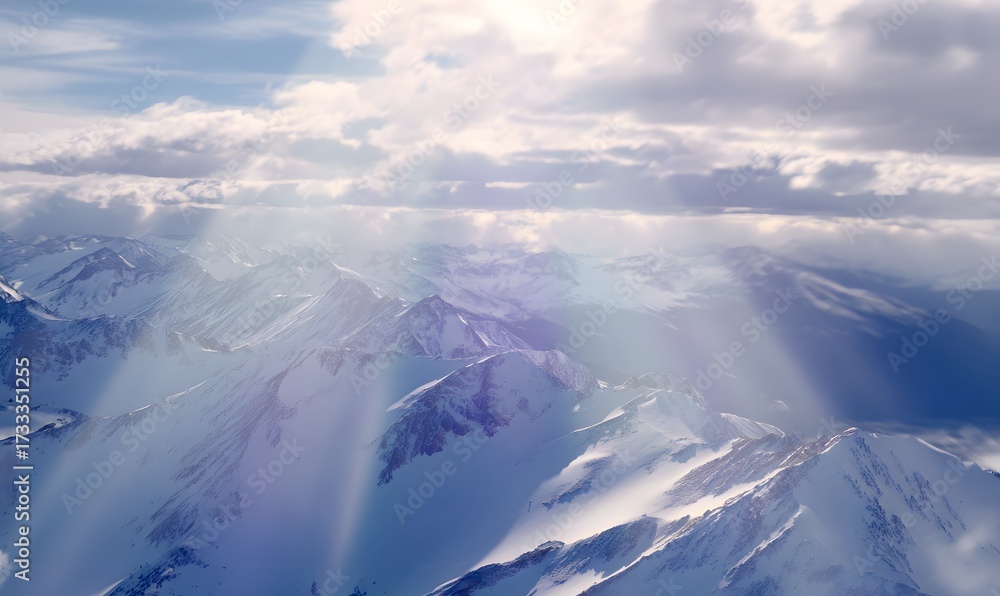 Fototapeta premium snow-covered mountains during daytime, the peaks glistening with fresh snow, a partly cloudy sky with soft crepuscular rays of sunlight piercing through the clouds