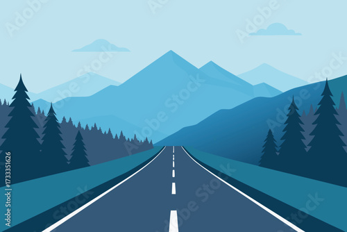 Blue Mountain Road Landscape Simple Illustration of Highway Through Forest and Mountain Range