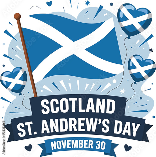 Scotland St Andrew's Day November 30 with Scottish flag and heart balloons vector illustration