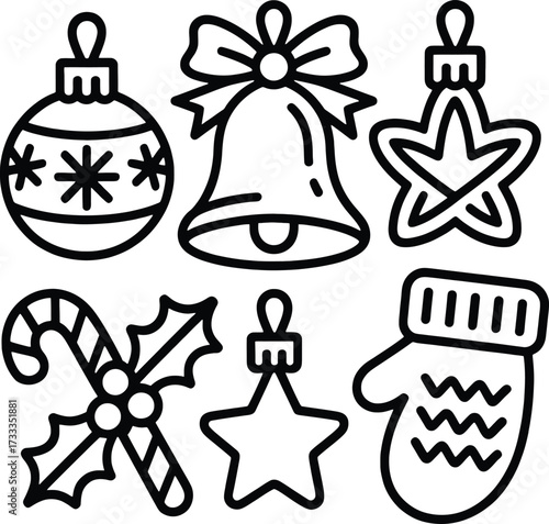 Set of six Christmas ornament icons in black and white line art bauble bell