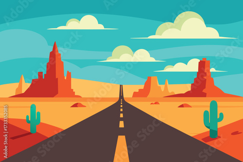 Cartoon Desert Landscape Straight Road, Cactus, Buttes, and Light Clouds Under a Bright Blue Sky