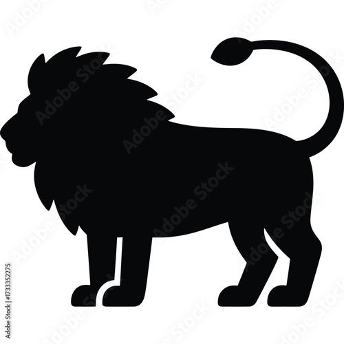 A striking silhouette of a majestic lion standing tall with a flowing mane and curled tail on white background
